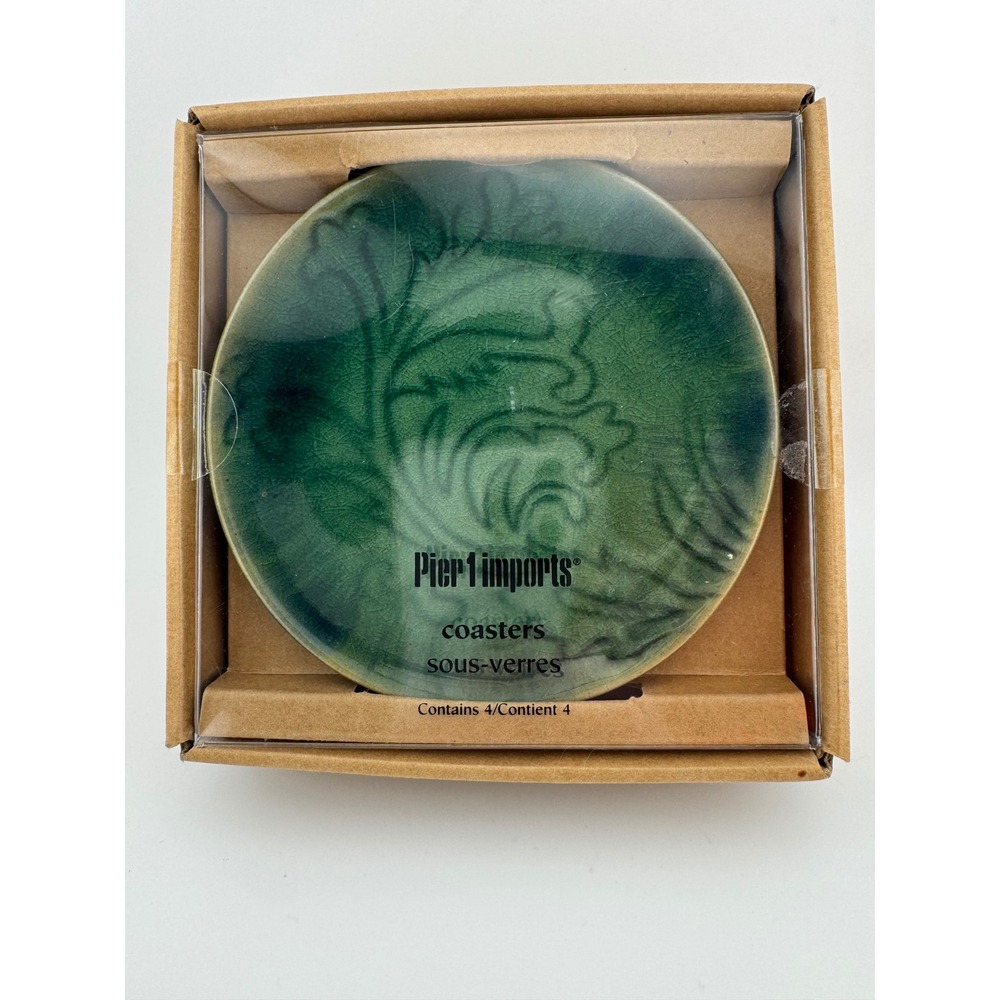 Pier 1 Imports Green Ceramic Coasters Set of 4 Embossed Crackle Glaze 2228319‎